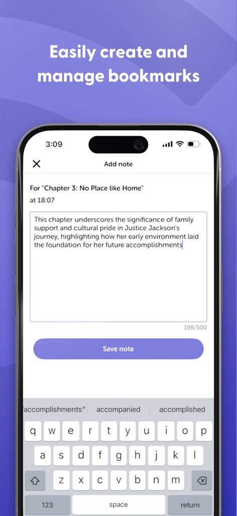 Libro.fm app interface for creating and managing audiobook bookmarks and notes on a smartphone screen.