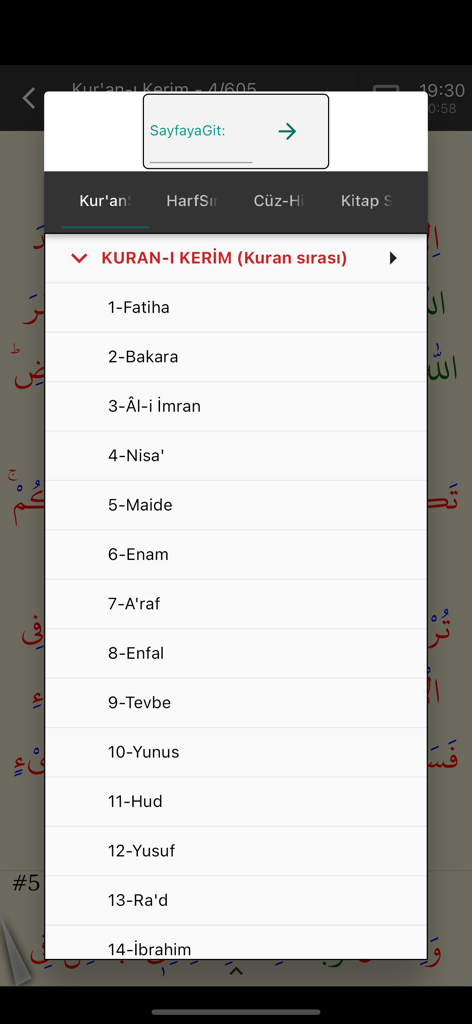 Risale-i Nur Okuma Programı - Quran chapter selection menu in the Risale-i Nur Okuma Programi app