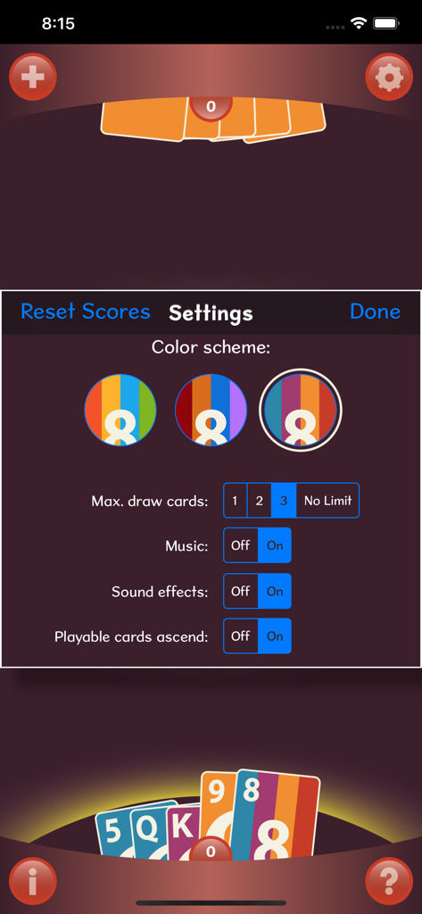 Crazy 8s+ - Il menu delle impostazioni del gioco di carte Crazy 8s plus che mostra le opzioni di personalizzazione per colori e regole