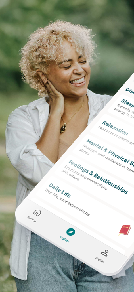 7Mind Mindfulness & Meditation - A woman smiling with an overlay of the 7Mind app interface showing meditation categories for sleep and relaxation