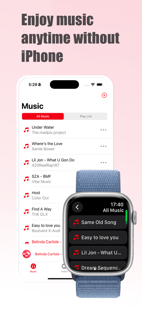 iPhone and Apple Watch displaying a synchronized offline music library
