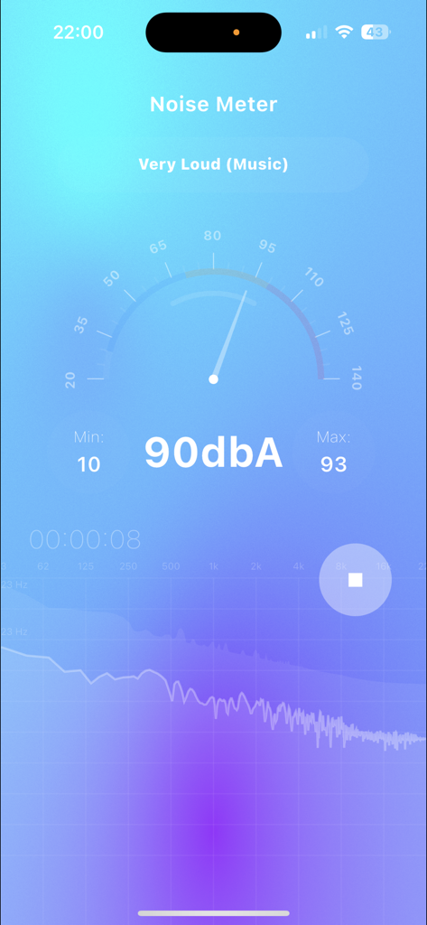 Speaker Wizard app noise meter screen displaying a 90 decibel reading with frequency waveform