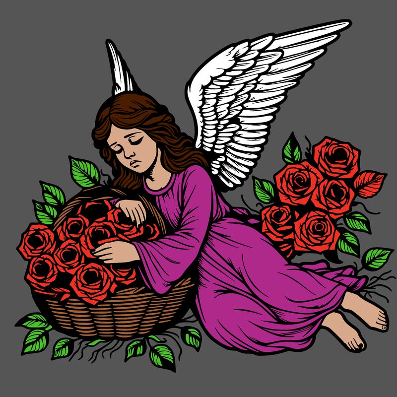 a detailed fallen angel cradling a basket of dying roses