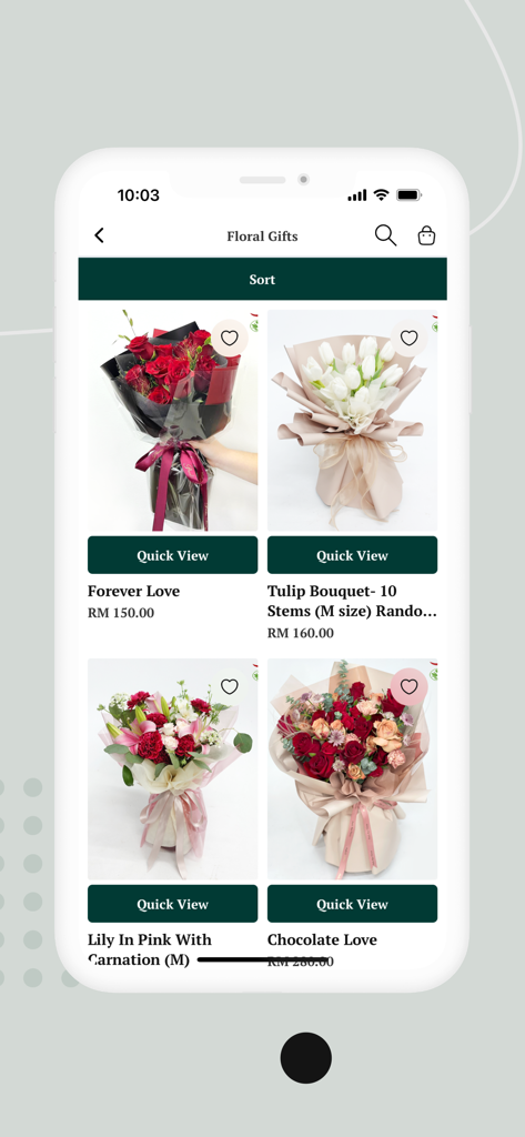 PR Florist - PR Floristモバイルアプリの画面。マレーシアへの配達用バラやチューリップを含む様々な花束が表示されています。