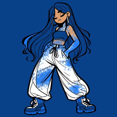 girl in baggy pants crop top and long hair