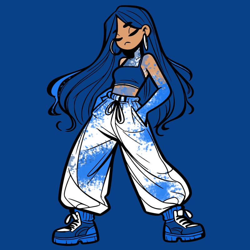 girl in baggy pants crop top and long hair