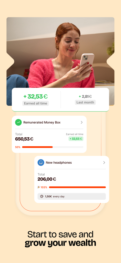 Satispay: Pay and invest - Satispay mobile app interface displaying savings goals and investment earnings.