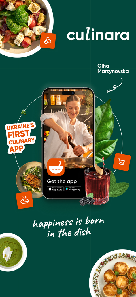 Culinara cooking app promotional screen featuring chef Olha Martynovska and professional video recipes