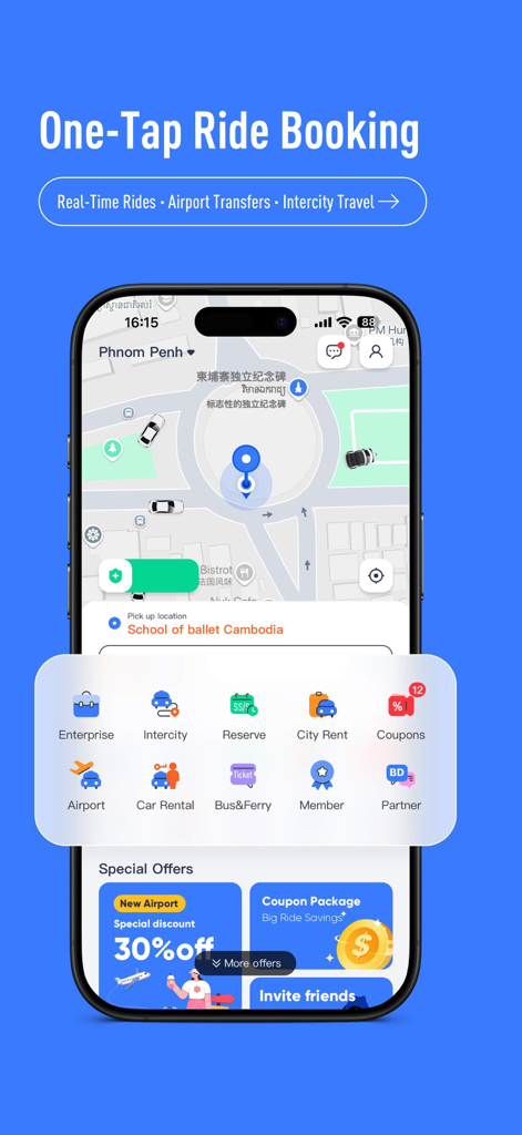 Move by LM CAR – Ride Hailing - Interface of the Move by LM CAR app showing one-tap ride booking and various travel services in Southeast Asia