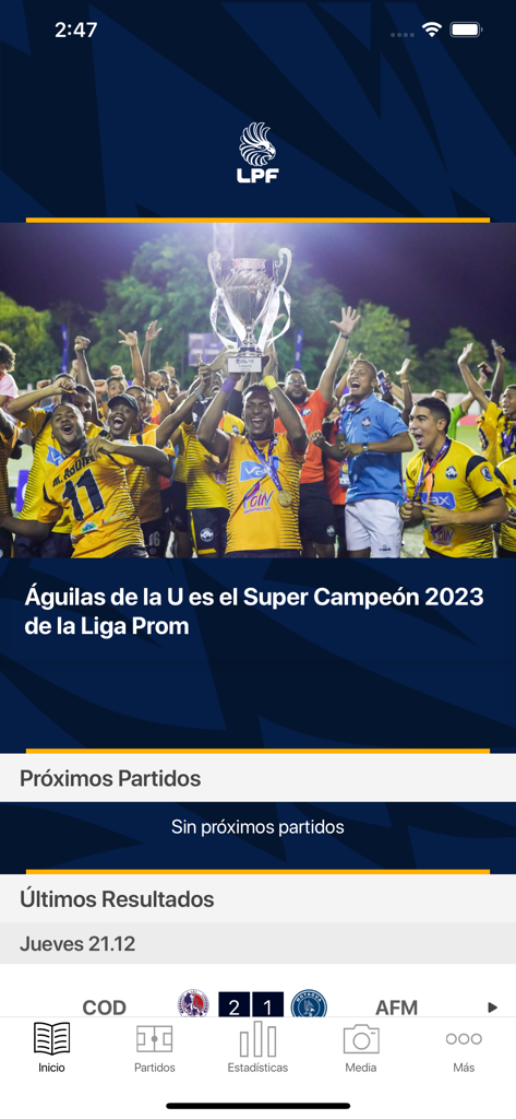 Liga Panameña de Fútbol - Pantalla de inicio de la aplicación oficial de la LPF que muestra noticias de fútbol y resultados de partidos.