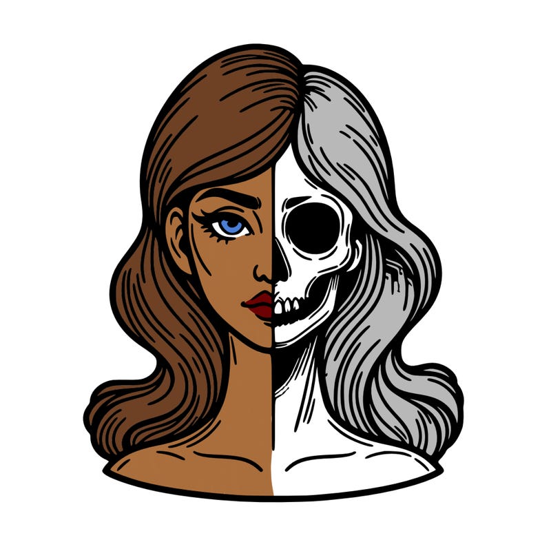 bust of a woman, half face and hair, half skull