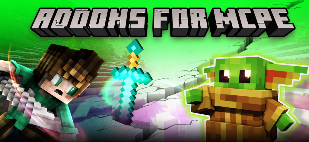 Addons for Minecraft MCPE - Addons for Minecraft MCPE title with custom game characters and a glowing sword