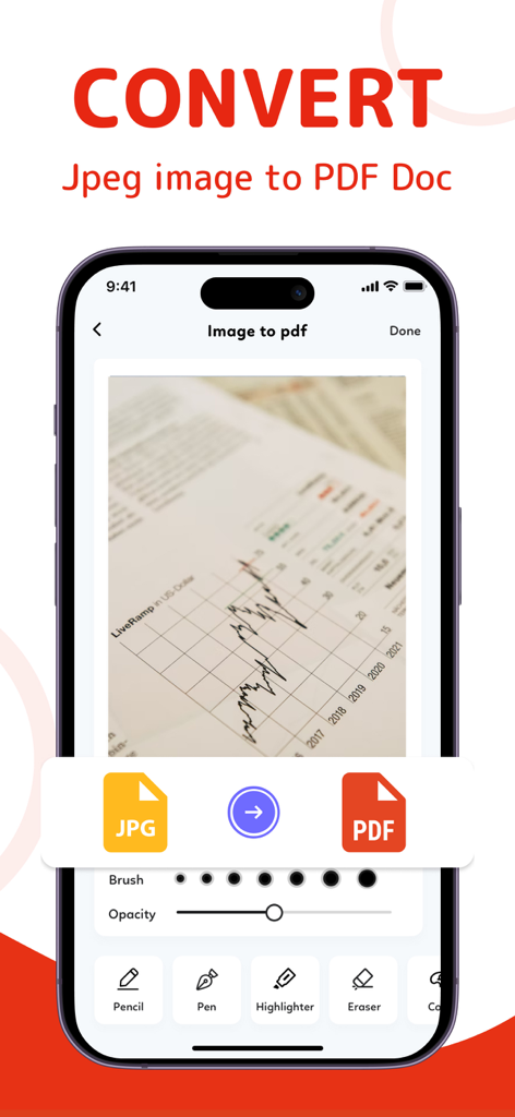 アプリ内でJPEG画像をPDFドキュメントに変換する機能を示すスマートフォンの画面。
