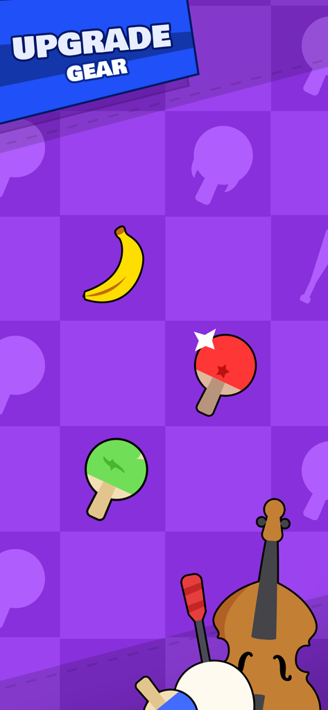Pongfinity - Ping Pong - Upgrade gear screen in Pongfinity showing funny racket items like a banana and a violin.