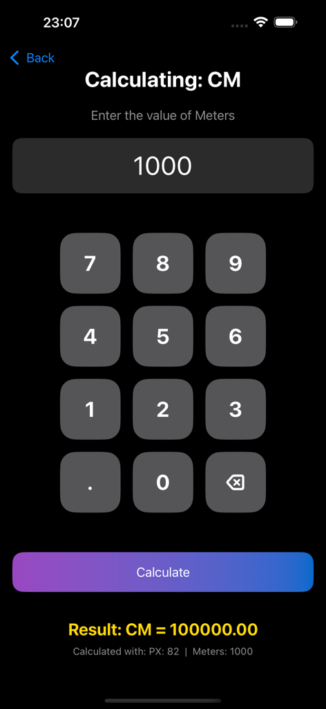 PixCalc - PixCalc app interface showing a conversion from meters to centimeters with a numeric keypad