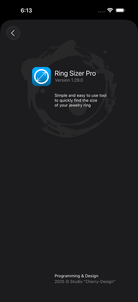 Ring Sizer Pro - About screen for the Ring Sizer Pro app displaying its version number and description