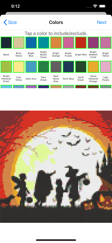 Interface de l'application Mosaic Designer pour LEGO montrant la palette de sélection des couleurs et un aperçu d'une mosaïque silhouette devant une lune