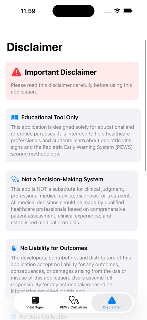 Medical disclaimer screen for the PEWS Vitals app highlighting its use as an educational tool for pediatric healthcare.