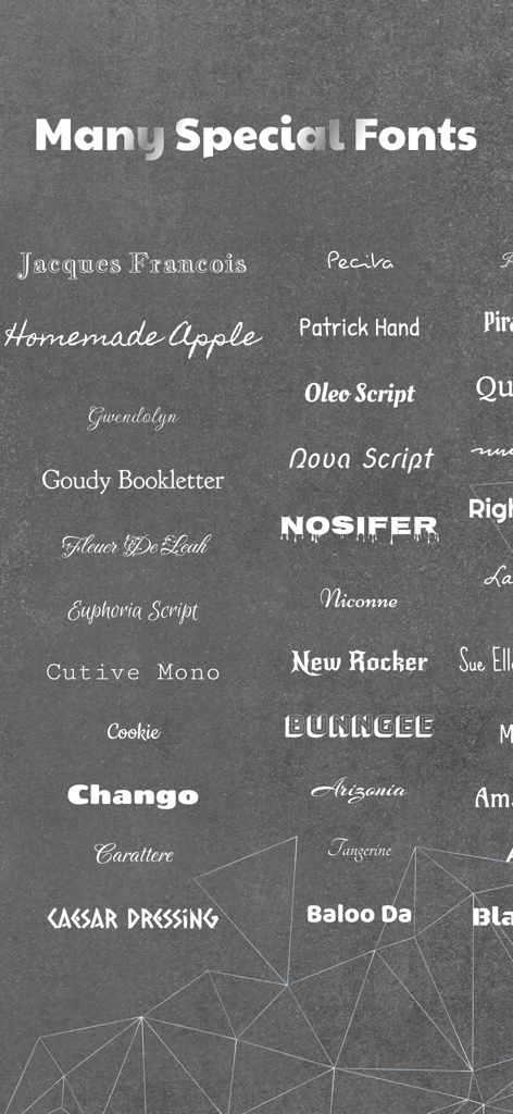 LED Keyboard - RGB Color - Una variedad de fuentes decorativas elegantes disponibles en la aplicación Teclado LED mostradas sobre un fondo oscuro.