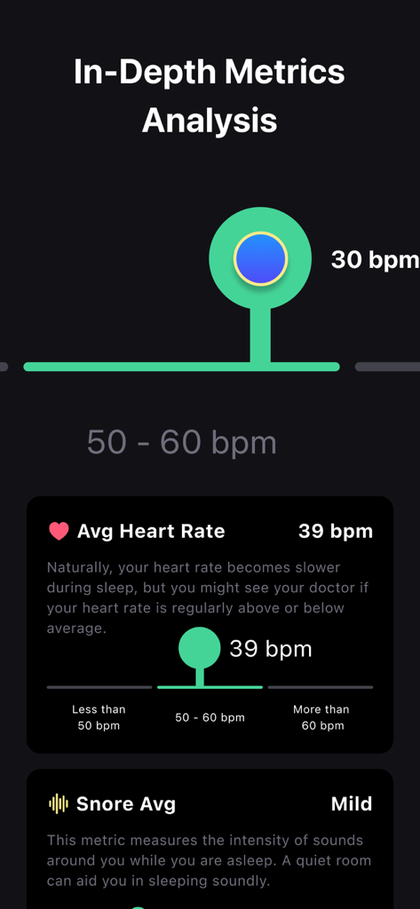 Rem sleep tracker app showing average heart rate and snore intensity analysis.