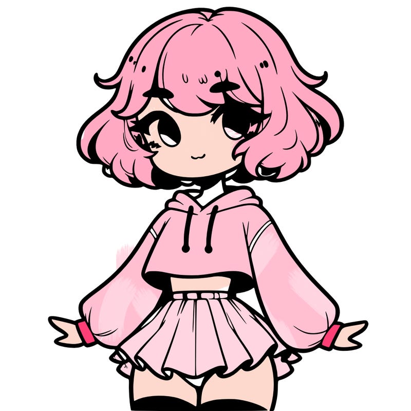 cute femboy with short, fluffy hair that softly frames their face, wearing a cropped hoodie, paired with a flouncy short skirt, and thigh-high stockings