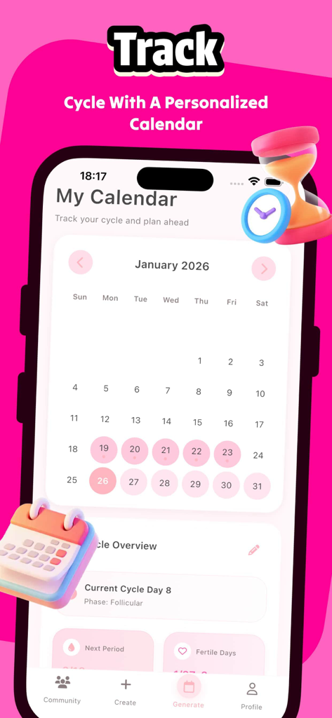 Vinee app interface showing a personalized period tracking calendar and cycle overview