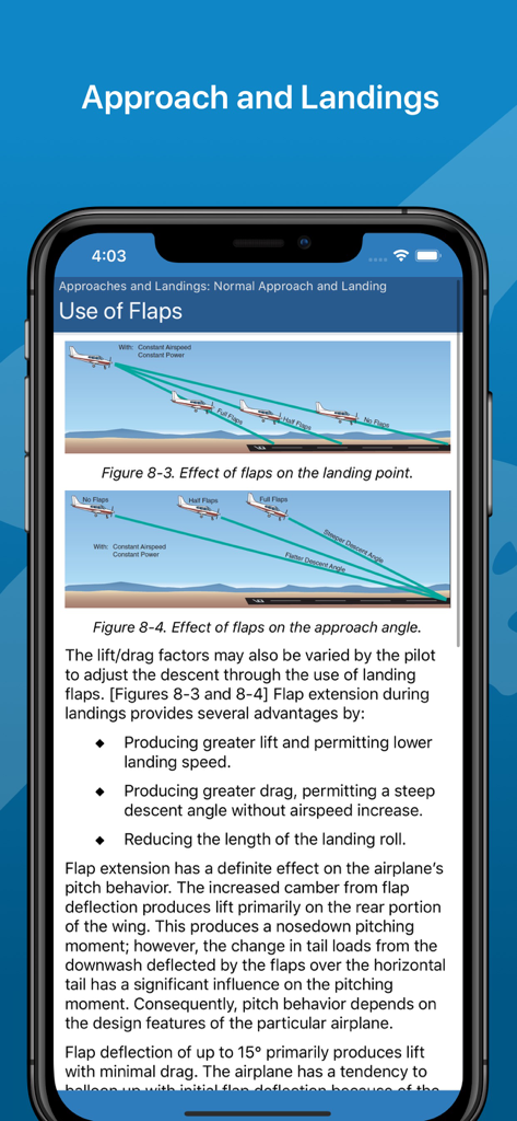 Diagramas técnicos e texto no aplicativo do manual da FAA explicando o uso de flaps para aproximações e pousos de aeronaves.