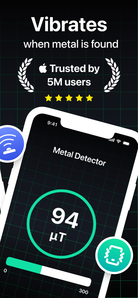 Metal detector app interface showing real time magnetic field reading and vibration feature notification