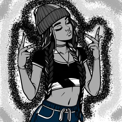 realistic teenage girl with braids and a beanie and crop top doing 🫶🏼