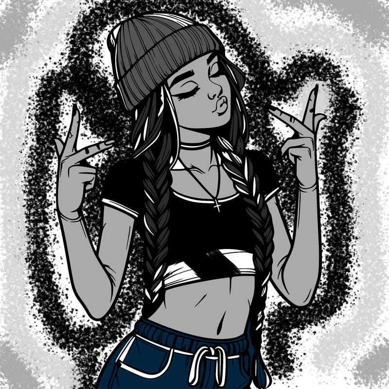 realistic teenage girl with braids and a beanie and crop top doing 🫶🏼