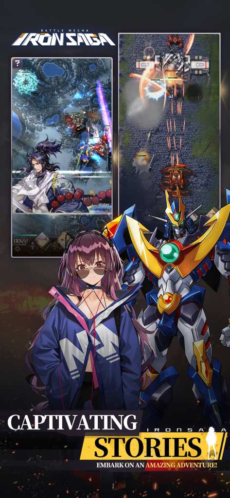 Iron Saga – Epic Robot Battler - Anime character and giant robot from Iron Saga with gameplay battle scenes and text saying Captivating Stories
