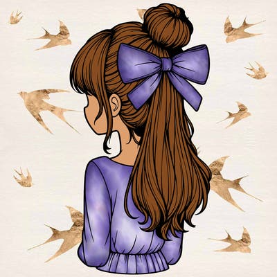 realistic girl  with hip length hair a bun and a big bow on the back of head