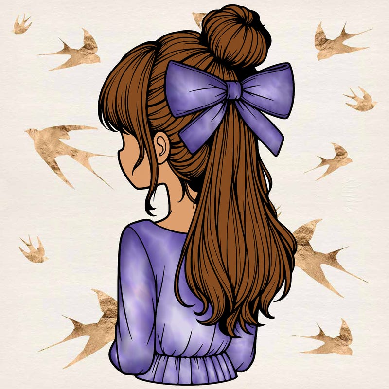 realistic girl  with hip length hair a bun and a big bow on the back of head