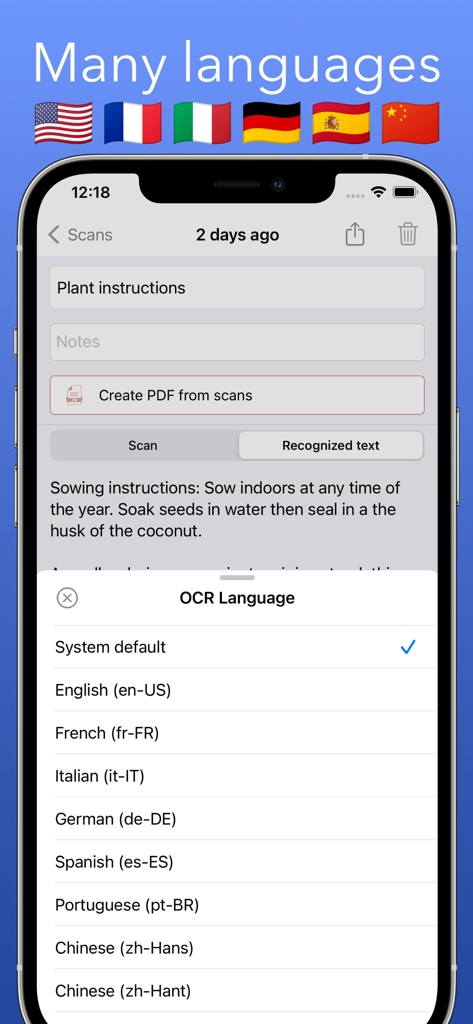 Scan it app showing OCR language options for text recognition