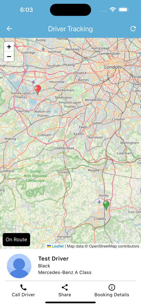 Premier Cars Airport Transfers - Driver tracking interface showing a map and executive car details in the Premier Cars app