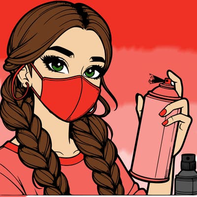 realistic beautiful girl spray painting with a mask