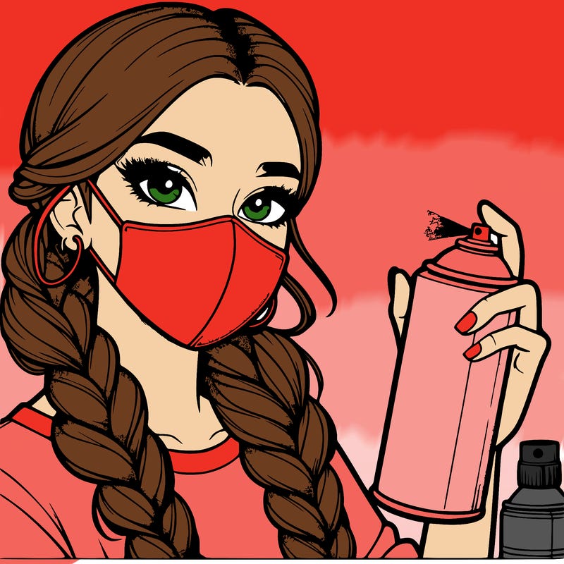 realistic beautiful girl spray painting with a mask