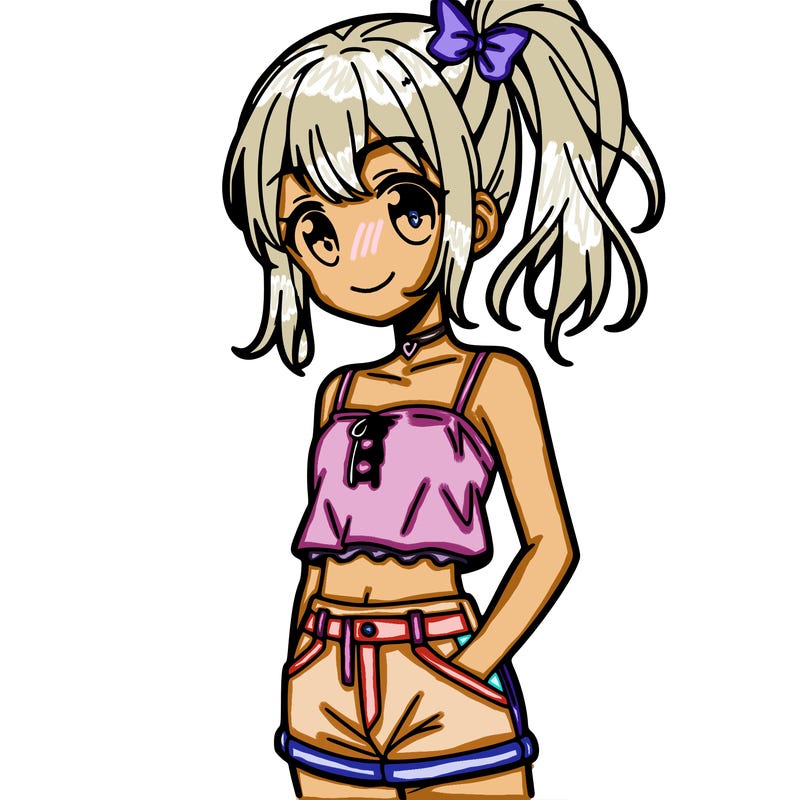 a anime girl wearing a crop top and shorts with a ponytail