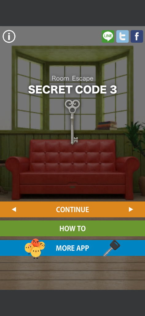 Room Escape Secret Code 3のメインメニュー画面。赤いソファと銀色の鍵が特徴