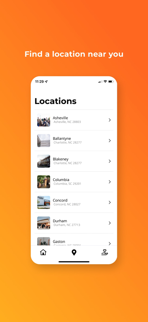 Elevation 앱 스크린샷, 교회 위치 목록과 함께 '가까운 위치 찾기' 텍스트 표시