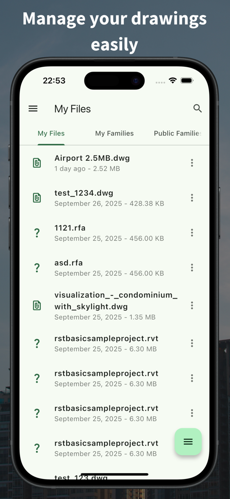 VinaCAD - View & Edit DWG - Mobile interface of VinaCAD app showing a list of CAD drawings and Revit files for easy management