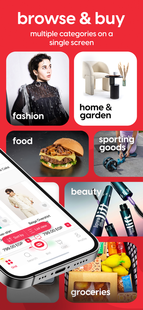 Botit - The Botit app interface featuring multiple shopping categories on one screen including fashion food and home garden