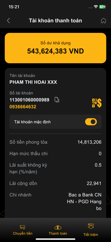 BAC A BANK Mobile Banking - A screenshot of the BAC A BANK mobile app displaying a payment account balance and account information