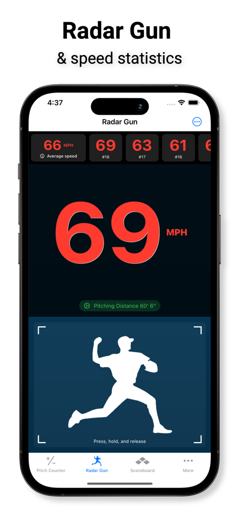 Pitch Counter & Radar Gun - Radar Gun-Oberfläche mit Pitch-Geschwindigkeit und Statistiken