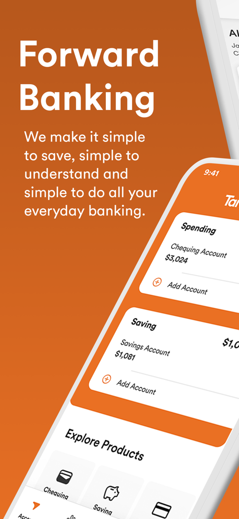 Tangerine Mobile Banking - Tangerine Mobile Banking app dashboard showing chequing and savings account balances with a Forward Banking message.