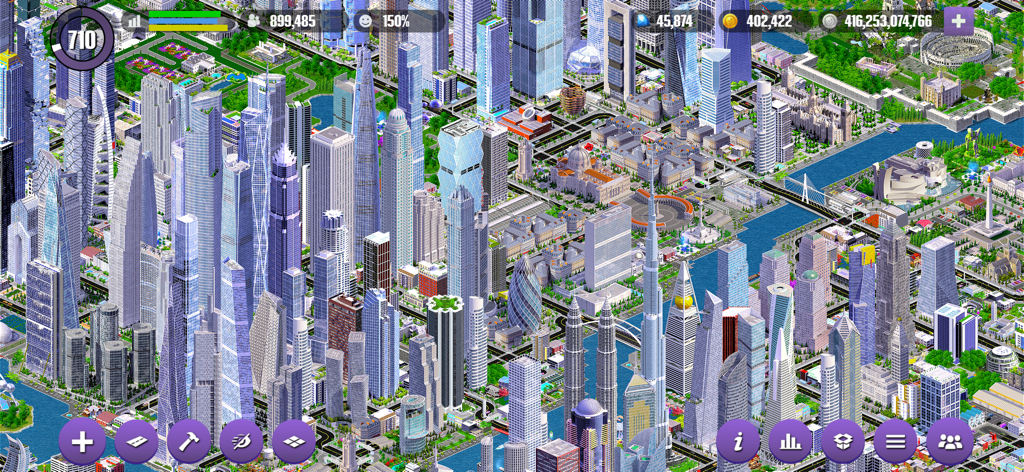 Designer City - A dense urban metropolis with numerous skyscrapers and a waterfront in the Designer City mobile game