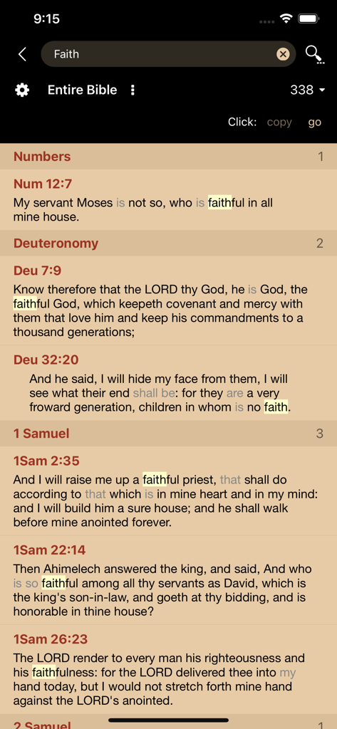 MyBible - MyBible app interface showing search results for the word faith with highlighted verses from different books of the Bible