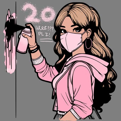 realistic girl with mask spray painting a wall