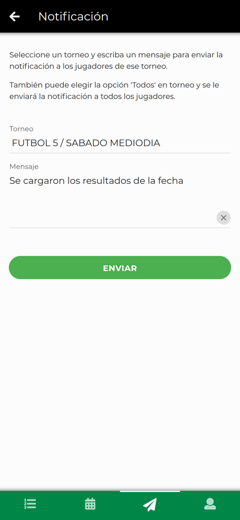 Interface pour envoyer des notifications push aux joueurs du tournoi
