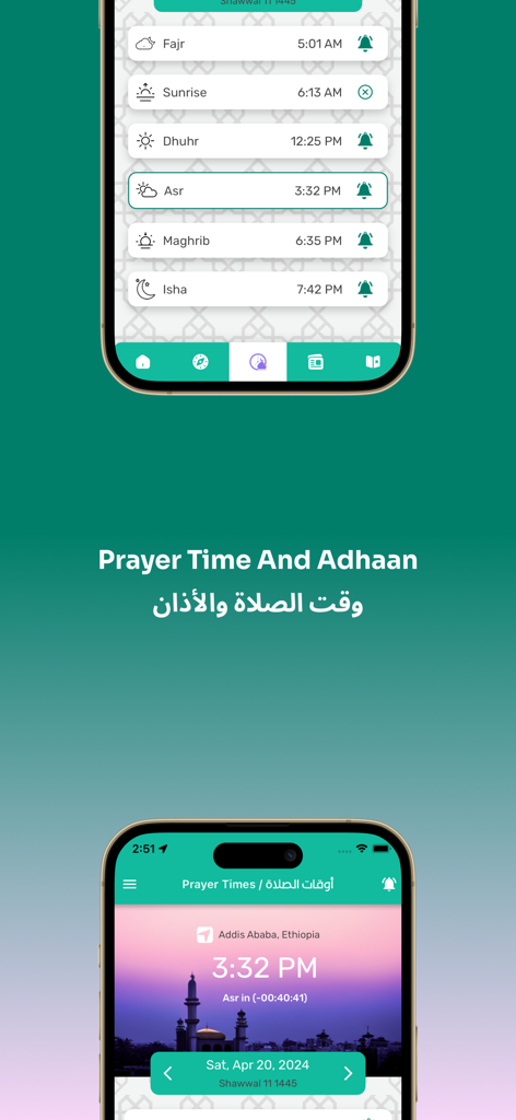 Musalla - Smartphone display showing Musalla app prayer times and Adhaan notification settings